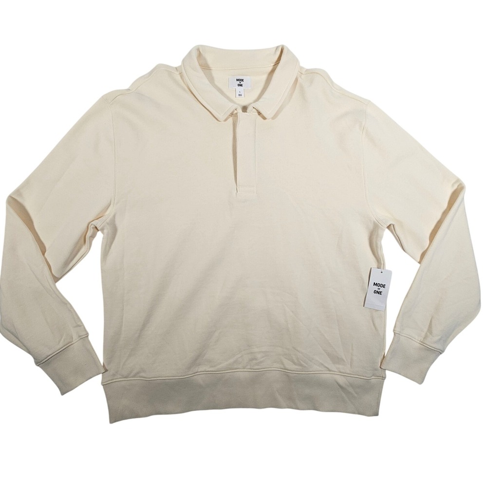 MODE OF ONE Mens Cream Long Sleeve Polo‎ Sweatshirt Pullover Size L